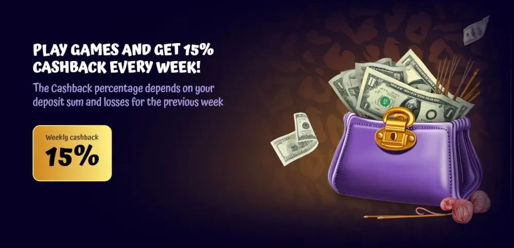 Banner promozionale cashback settimanale del 15% di Spin Granny