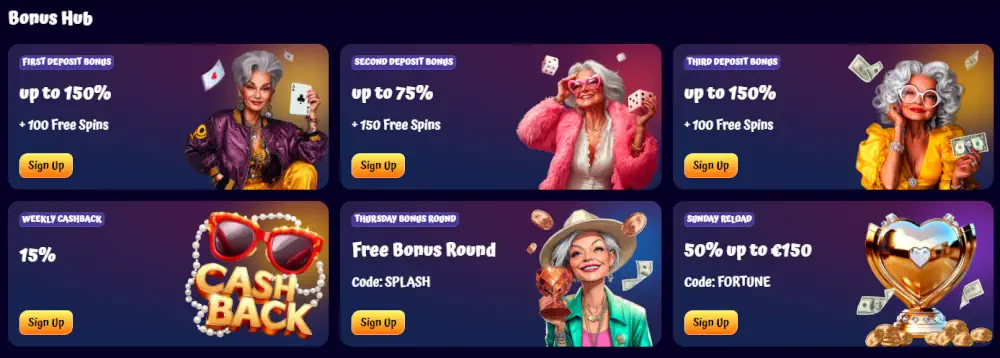 Spin Granny Bonus Hub con offerte di benvenuto multi-livello e bonus di ricarica